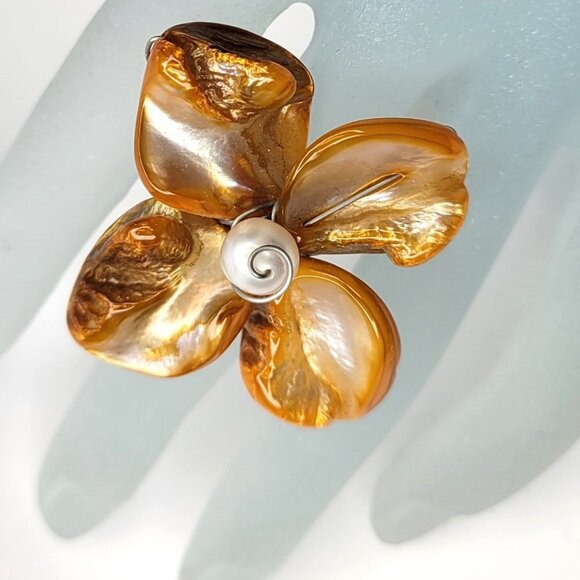 Orange Sea Shell Freshwater Pearl Bead Asymmetric Flower Adjustable Ring - Picture 1 of 13
